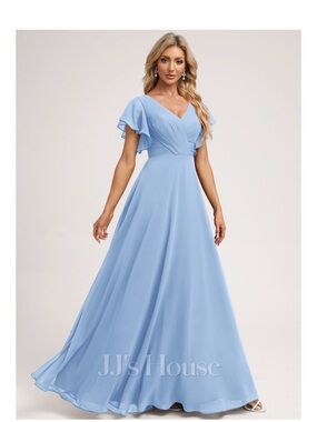 JJs House Light Blue V-Neck Flutter Sleeve Chiffon A-Line Gown